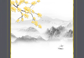 新中式工笔花鸟山水护墙板背景墙