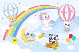 卡通彩虹气球可爱动物儿童背景墙