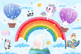 卡通彩虹可爱动物热气球云朵背景