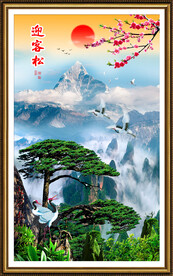 竖幅迎客松山水画装饰画