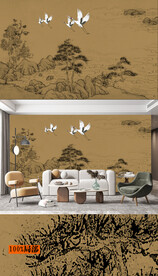 新中式山水线描古画壁画