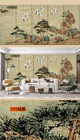 工笔新中式山水画壁画