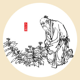 手绘线条图老人采药
