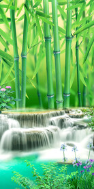 流水生财竹林风景画3D立体玄关