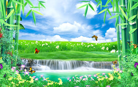 流水生财山水中式背景墙