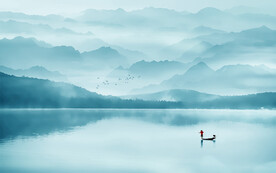 空灵意境山水风景蓝色写意背景墙