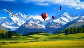 秋天雪山草原风景画