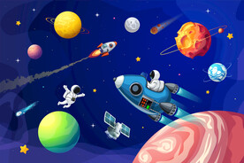 卡通宇航员火箭外太空星球背景墙