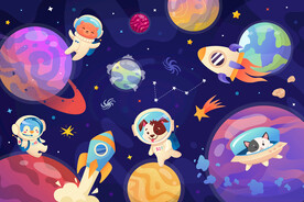 卡通动物宇航员太空星球火箭背景