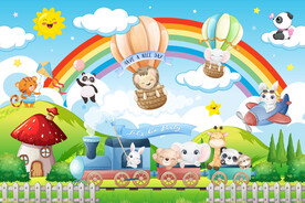 可爱动物小火车卡通彩虹气球背景