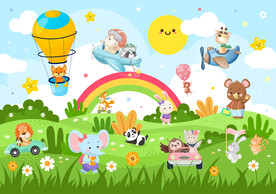 可爱动物乐园卡通云朵儿童背景墙