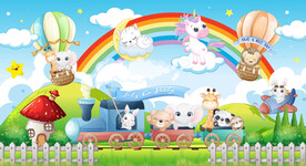 卡通彩虹云朵可爱动物小火车背景