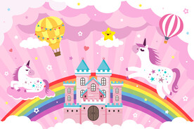 粉色城堡卡通独角兽热气球背景墙