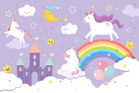可爱独角兽卡通城堡彩虹星空背景