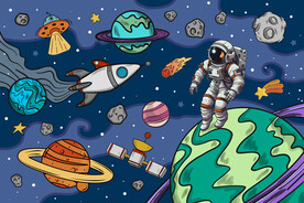 卡通宇宙火箭手绘宇航员星球背景