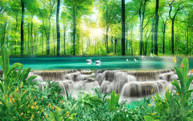 绿色丛林树林小河流水生财背景墙