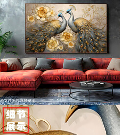 中式现代轻奢古典孔雀肌理横幅画