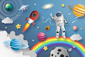 卡通彩虹外太空星球宇航员背景墙