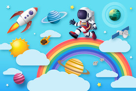 3D彩虹云朵宇航员星球火箭背景