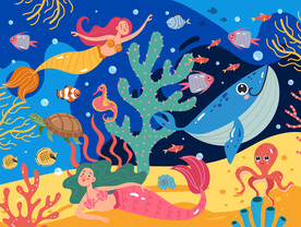 可爱美人鱼卡通鲸鱼海底珊瑚背景