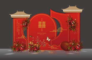 中式红色婚礼迎宾区背景图