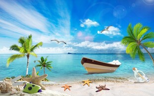 蓝天白云大海沙滩背景墙