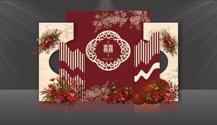 红色中式舞台迎宾婚礼效果图