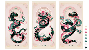 蛇新春年国潮金线矢量小花蛇