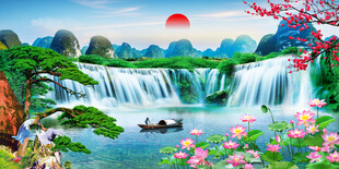 迎客松瀑布山水画装饰图