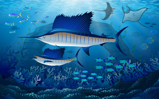 卡通鲸鱼热带鱼儿童房背景墙