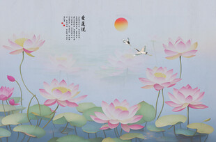 新中式荷花山水画背景墙