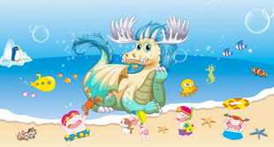 卡通海鲜世界背景墙