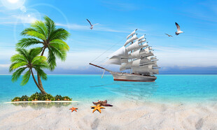 蓝色大海沙滩一帆风顺背景墙