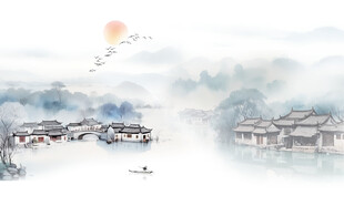 水墨江南水乡背景墙