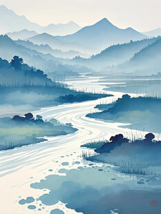 水彩晕染山水图