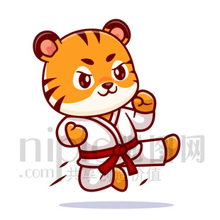 可爱卡通练习跆拳道武术的老虎