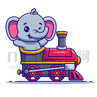 可爱卡通坐火车的大象