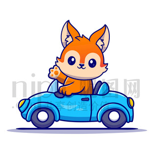 可爱卡通开小汽车的狐狸