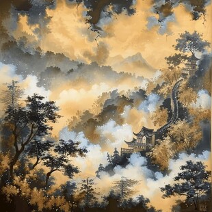 最終決算 日本画 絵画 金箔背景 山水画 絵画 - 絵画