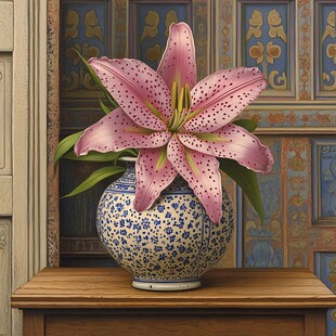百合の花柄花瓶 百合の花瓶絵画アートポスター☆青色ボタニカルクラシック