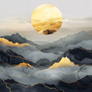 日本画　山水画　金箔背景 新中式金色山水画金箔背景墙素材-新中式金色山水画金箔背景墙