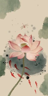 水墨荷花九鱼图