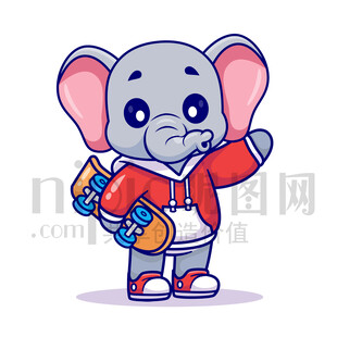 可爱卡通玩滑板的大象