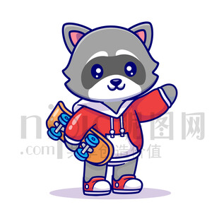 可爱卡通玩滑板的小浣熊