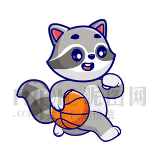 可爱卡通爱运动打篮球的小浣熊