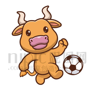 可爱卡通踢足球的公牛