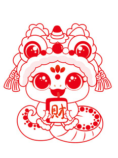 手绘快乐蛇舞狮子线稿插画