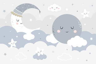 手绘云朵可爱月亮星球儿童背景墙