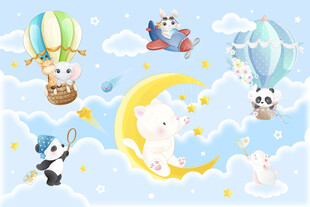 卡通可爱小动物热气球云朵背景墙