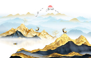 金色山水画背景墙